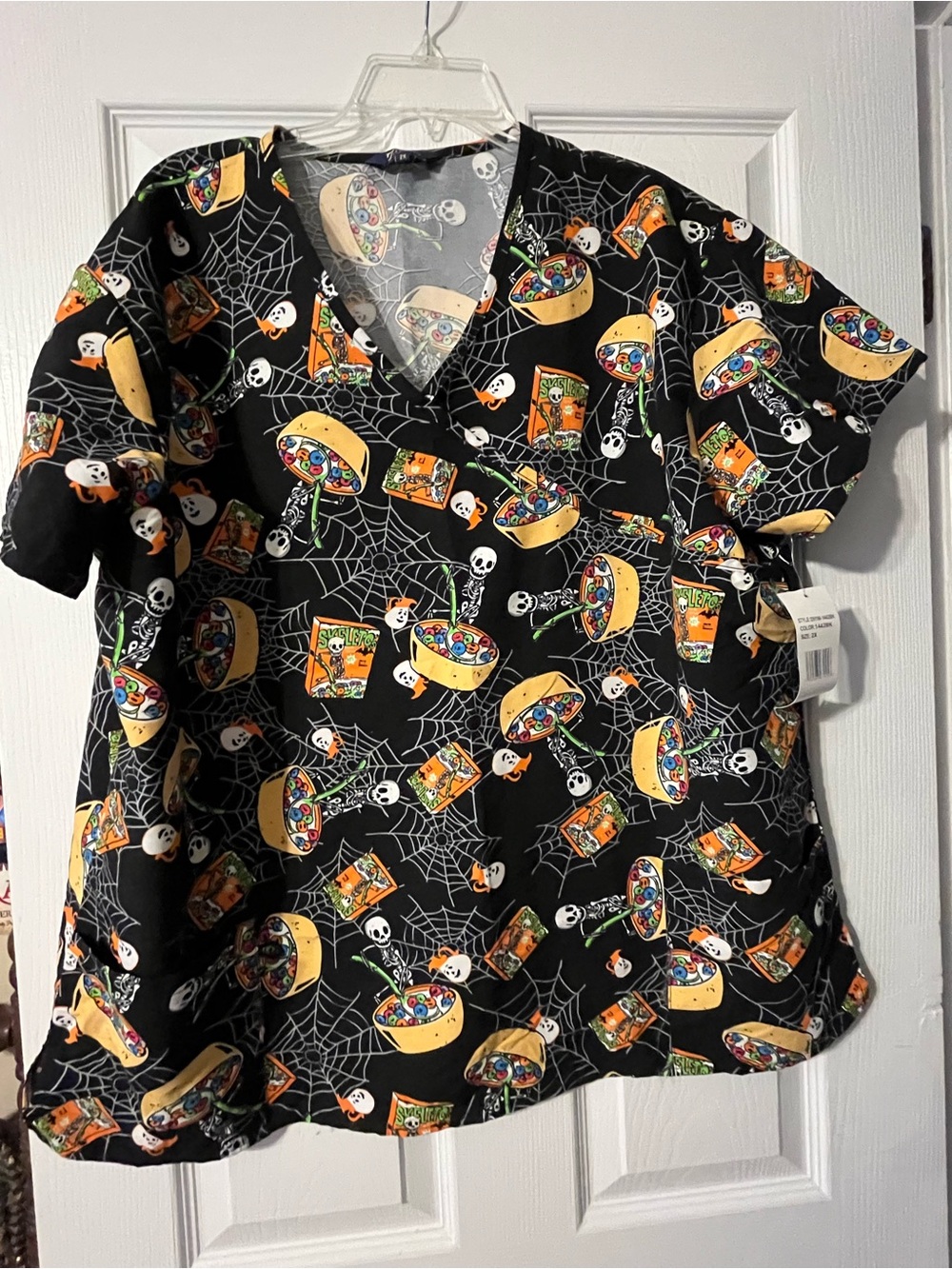 Women’s Halloween Candy Print Scrub Top - Black